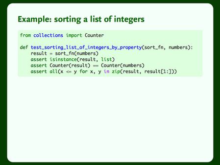 Python code showing how we’d assert that a list of integers is sorted.