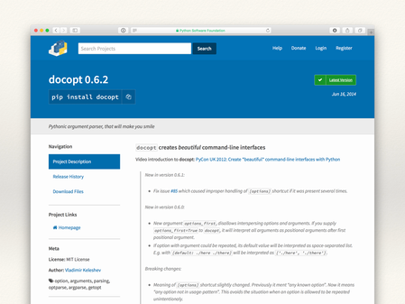 A screenshot of docopt on PyPI, the Python Package Index.